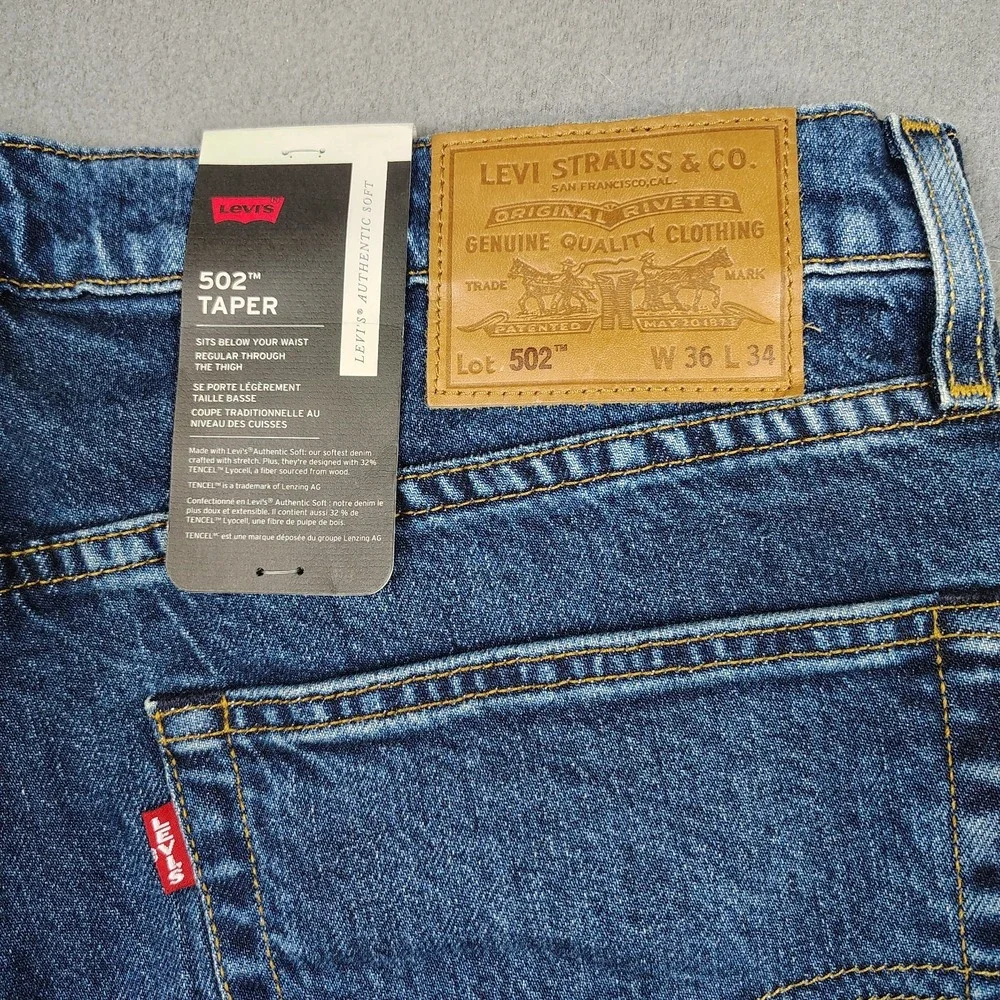 Levis Premium 502 Big E Men 36x34 Blue Dark Wash Taper Leg Stretch Classic NWT